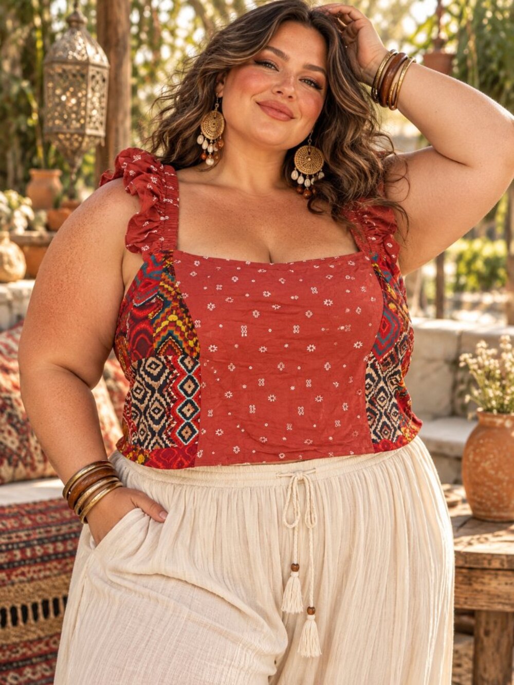 Torrid Size 4 4X Rust Patchwork Ruffle Strap Smocked Boho Tank Top Plus
